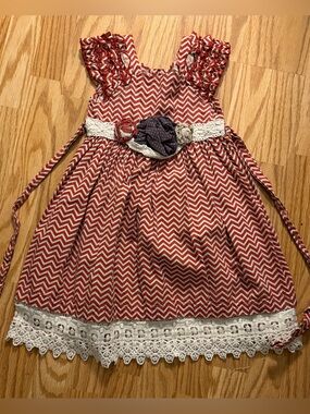 Mustard Pie Girls Dress Size 5 Red Chevron Lace Floral Boho Boutique Cotton
